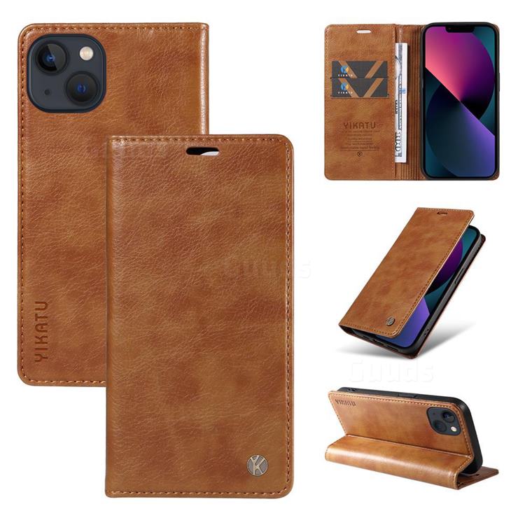 YIKATU Litchi Card Magnetic Automatic Suction Leather Flip Cover for iPhone 13 (6.1 inch) - Brown