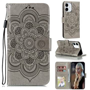 Intricate Embossing Datura Solar Leather Wallet Case for iPhone 13 mini (5.4 inch) - Gray