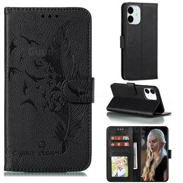Intricate Embossing Lychee Feather Bird Leather Wallet Case for iPhone 13 mini (5.4 inch) - Black