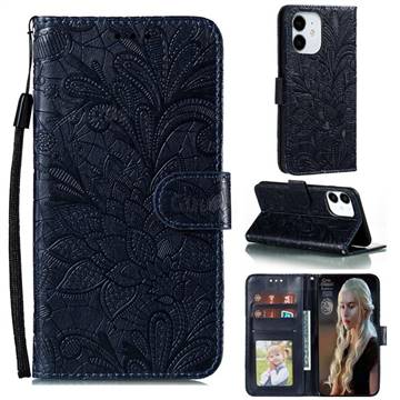 Intricate Embossing Lace Jasmine Flower Leather Wallet Case for iPhone 13 mini (5.4 inch) - Dark Blue