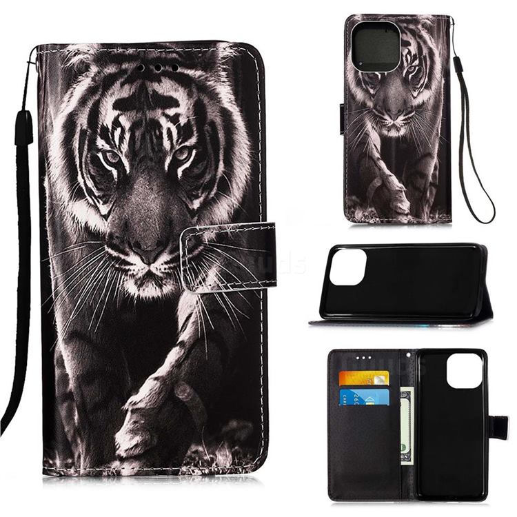 Black and White Tiger Matte Leather Wallet Phone Case for iPhone 13 mini (5.4 inch)