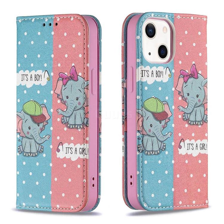 Elephant Boy and Girl Slim Magnetic Attraction Wallet Flip Cover for iPhone 13 mini (5.4 inch)