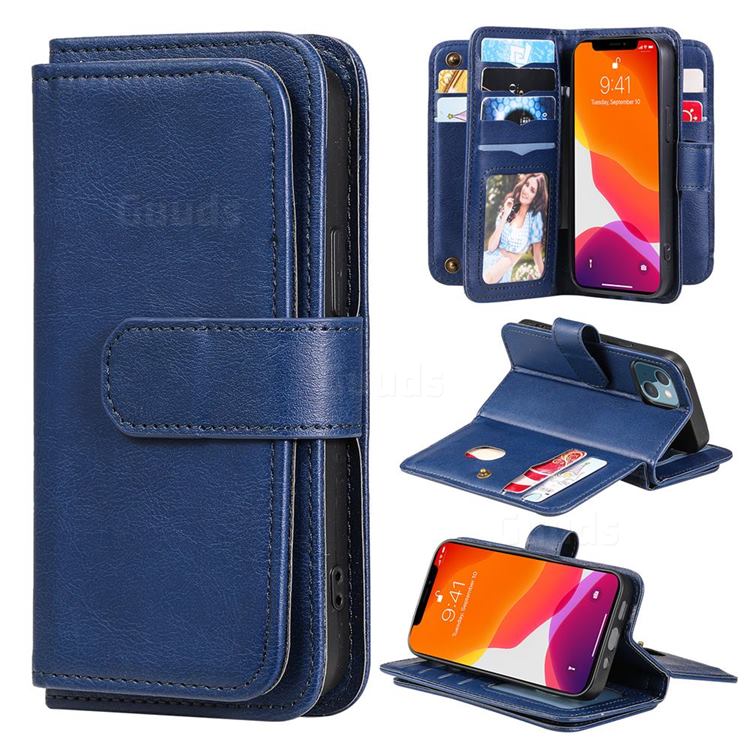 Multi-function Ten Card Slots and Photo Frame PU Leather Wallet Phone Case Cover for iPhone 13 mini (5.4 inch) - Dark Blue