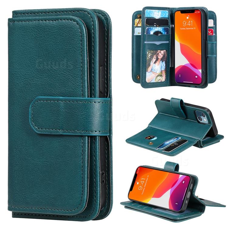 Multi-function Ten Card Slots and Photo Frame PU Leather Wallet Phone Case Cover for iPhone 13 mini (5.4 inch) - Dark Green