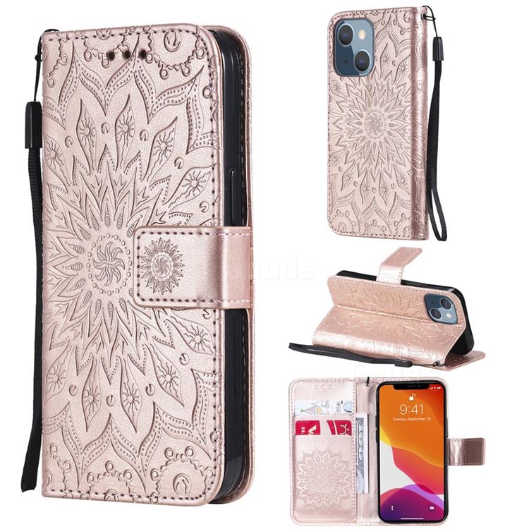 Embossing Sunflower Leather Wallet Case for iPhone 13 mini (5.4 inch) - Rose Gold