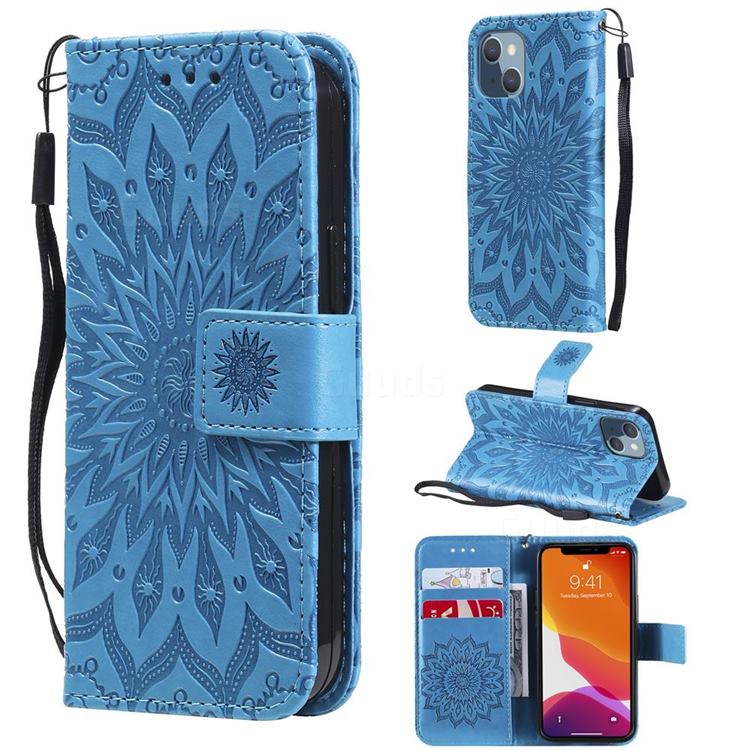Embossing Sunflower Leather Wallet Case for iPhone 13 mini (5.4 inch) - Blue