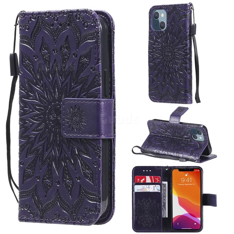 Embossing Sunflower Leather Wallet Case for iPhone 13 mini (5.4 inch) - Purple