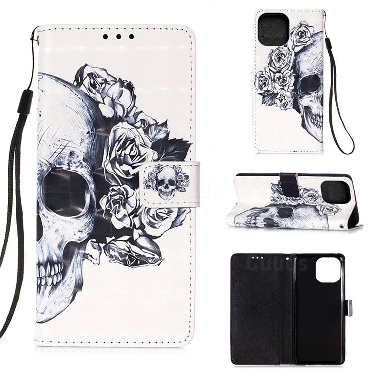 Skull Flower 3D Painted Leather Wallet Case for iPhone 13 mini (5.4 inch)