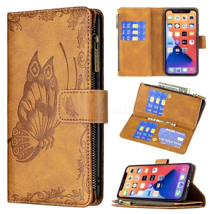 Binfen Color Imprint Vivid Butterfly Buckle Zipper Multi-function Leather Phone Wallet for iPhone 13 mini (5.4 inch) - Brown