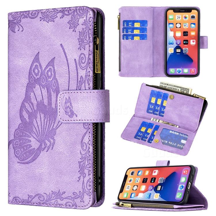 Binfen Color Imprint Vivid Butterfly Buckle Zipper Multi-function Leather Phone Wallet for iPhone 13 mini (5.4 inch) - Purple