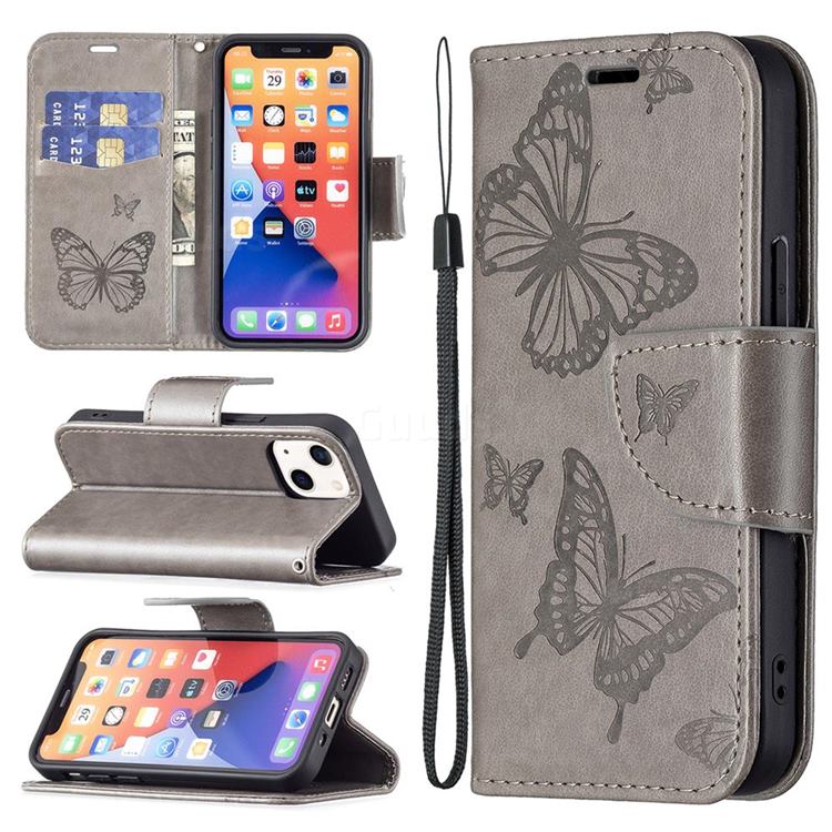 Embossing Double Butterfly Leather Wallet Case for iPhone 13 mini (5.4 inch) - Gray