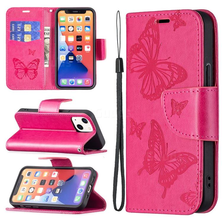 Embossing Double Butterfly Leather Wallet Case for iPhone 13 mini (5.4 inch) - Red