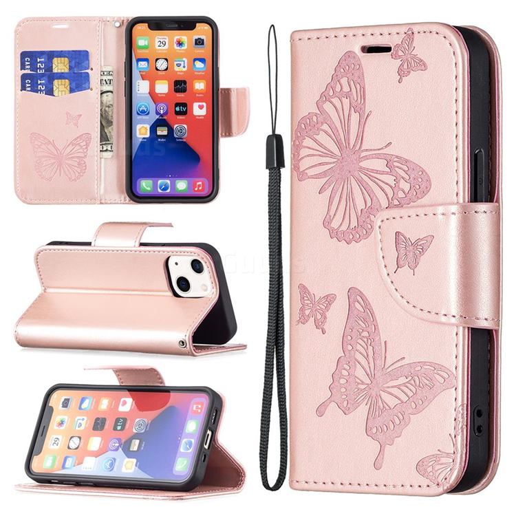 Embossing Double Butterfly Leather Wallet Case for iPhone 13 mini (5.4 inch) - Rose Gold