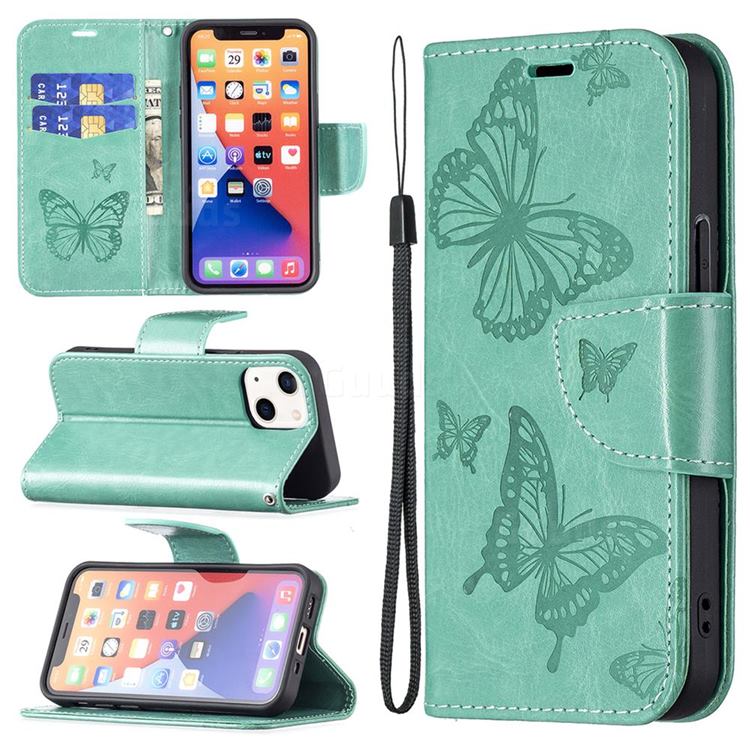 Embossing Double Butterfly Leather Wallet Case for iPhone 13 mini (5.4 inch) - Green