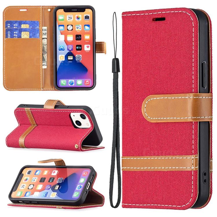 Jeans Cowboy Denim Leather Wallet Case for iPhone 13 mini (5.4 inch) - Red