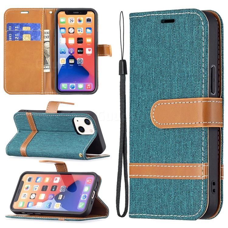 Jeans Cowboy Denim Leather Wallet Case for iPhone 13 mini (5.4 inch) - Green