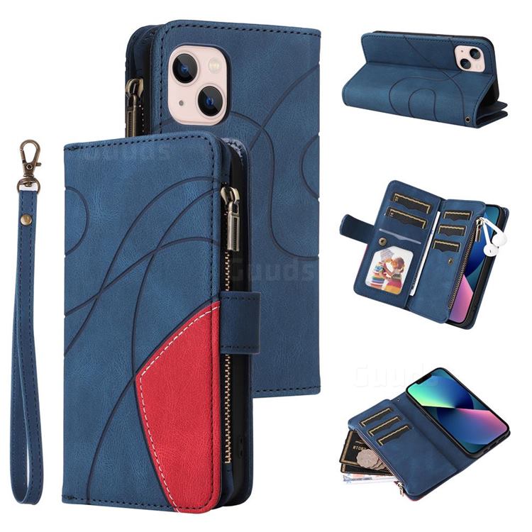 Luxury Two-color Stitching Multi-function Zipper Leather Wallet Case Cover for iPhone 13 mini (5.4 inch) - Blue