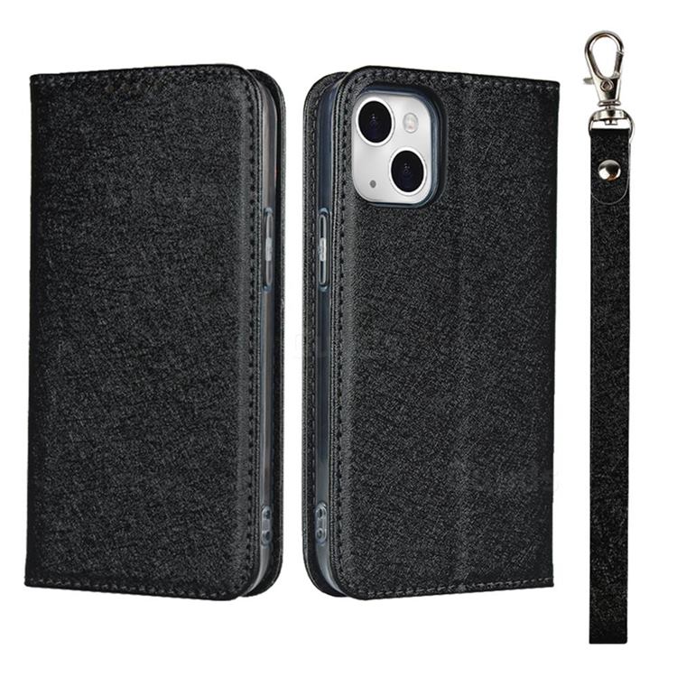Ultra Slim Magnetic Automatic Suction Silk Lanyard Leather Flip Cover for iPhone 13 mini (5.4 inch) - Black