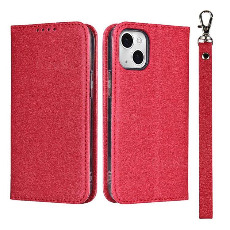 Ultra Slim Magnetic Automatic Suction Silk Lanyard Leather Flip Cover for iPhone 13 mini (5.4 inch) - Red