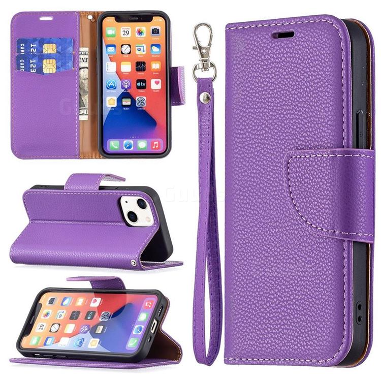Classic Luxury Litchi Leather Phone Wallet Case for iPhone 13 mini (5.4 inch) - Purple