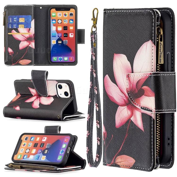Lotus Flower Binfen Color BF03 Retro Zipper Leather Wallet Phone Case for iPhone 13 mini (5.4 inch)