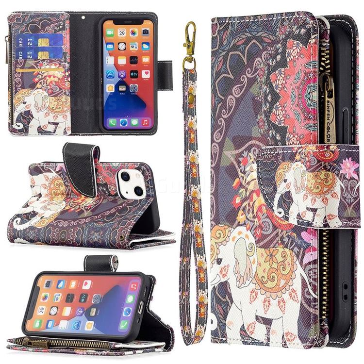 Totem Flower Elephant Binfen Color BF03 Retro Zipper Leather Wallet Phone Case for iPhone 13 mini (5.4 inch)
