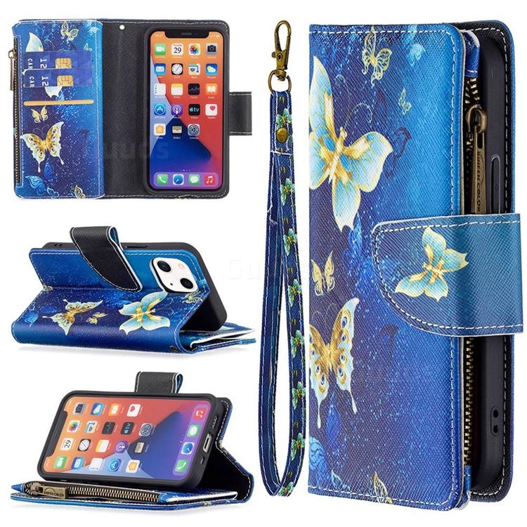 Golden Butterflies Binfen Color BF03 Retro Zipper Leather Wallet Phone Case for iPhone 13 mini (5.4 inch)