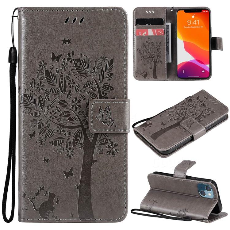 Embossing Butterfly Tree Leather Wallet Case for iPhone 13 mini (5.4 inch) - Grey