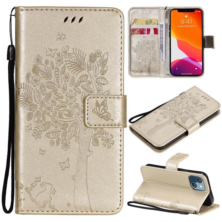 Embossing Butterfly Tree Leather Wallet Case for iPhone 13 mini (5.4 inch) - Champagne