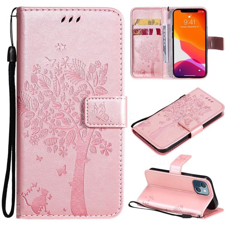 Embossing Butterfly Tree Leather Wallet Case for iPhone 13 mini (5.4 inch) - Rose Pink