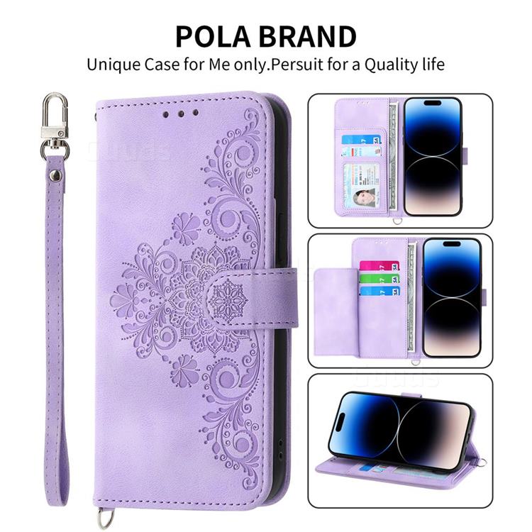Skin Feel Embossed Lace Flower Multiple Card Slots Leather Wallet Phone Case for iPhone 13 mini (5.4 inch) - Purple