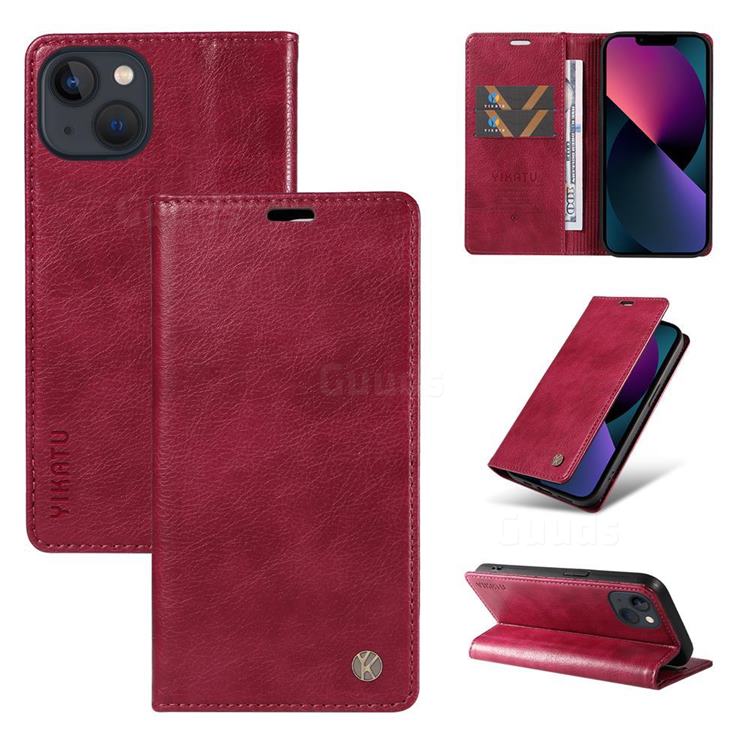 YIKATU Litchi Card Magnetic Automatic Suction Leather Flip Cover for iPhone 13 mini (5.4 inch) - Wine Red