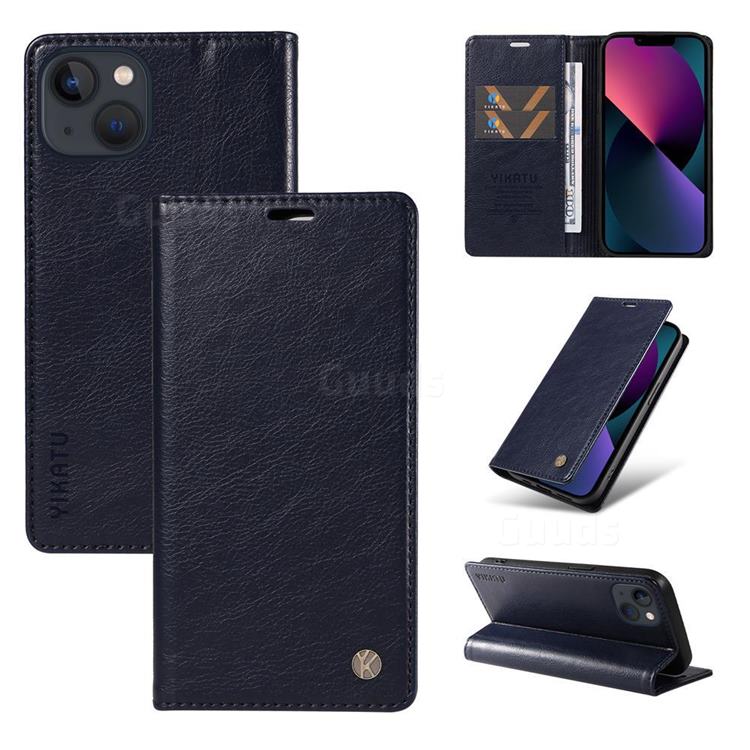 YIKATU Litchi Card Magnetic Automatic Suction Leather Flip Cover for iPhone 13 mini (5.4 inch) - Navy Blue