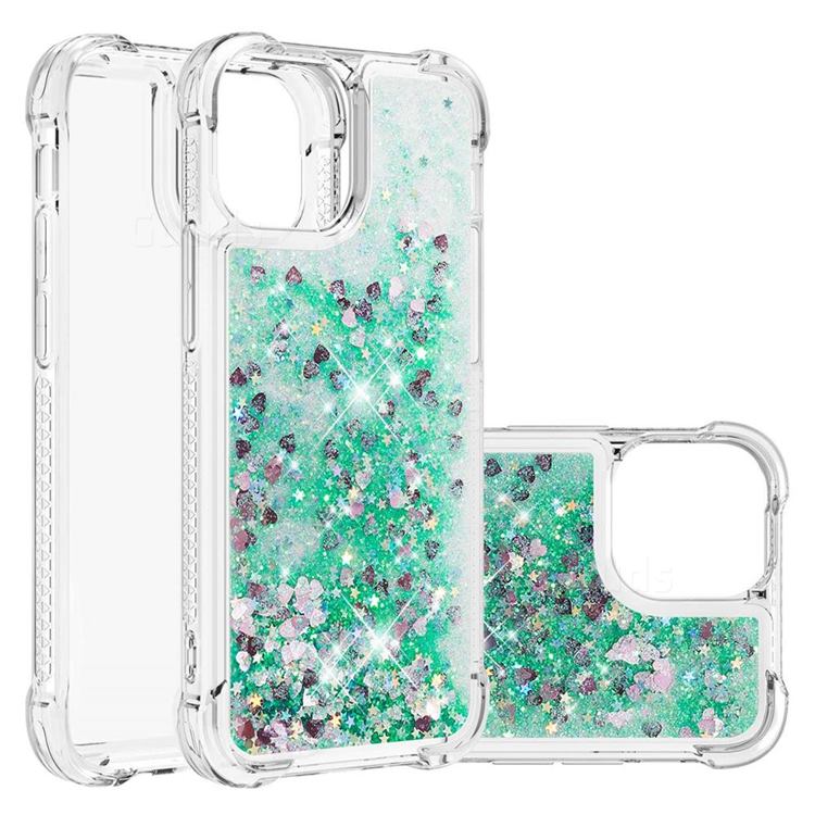 Dynamic Liquid Glitter Sand Quicksand TPU Case for iPhone 13 Pro (6.1 inch) - Green Love Heart