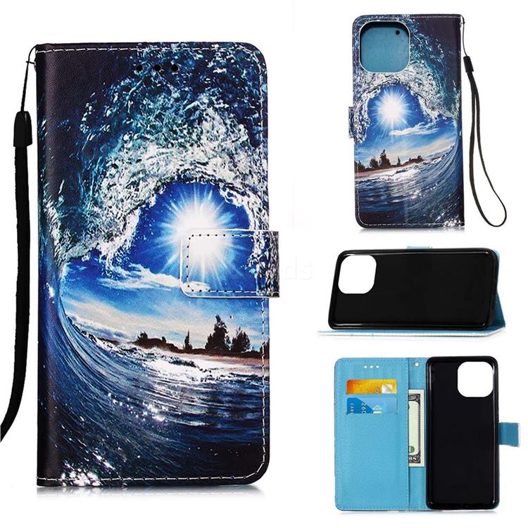 Waves and Sun Matte Leather Wallet Phone Case for iPhone 13 Pro (6.1 inch)