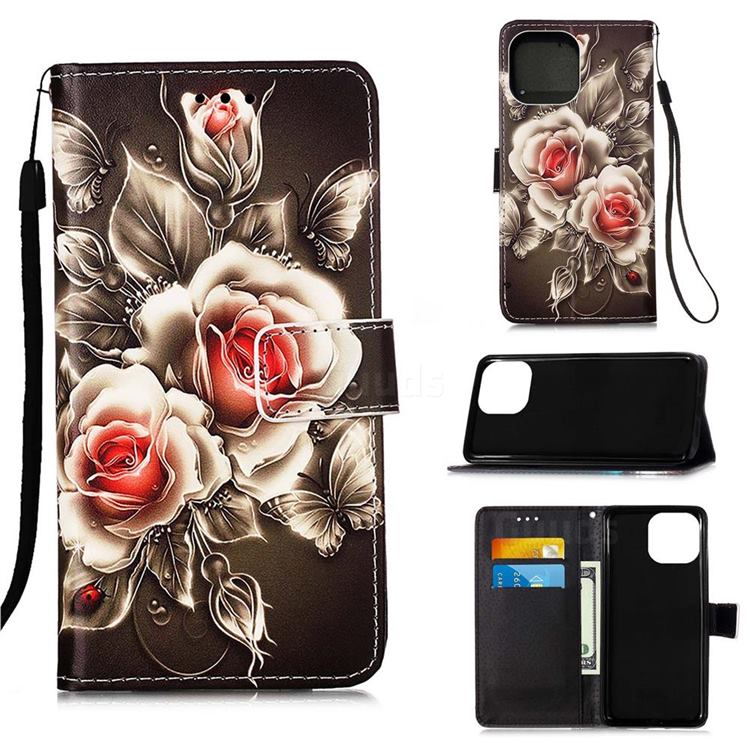 Black Rose Matte Leather Wallet Phone Case for iPhone 13 Pro (6.1 inch)