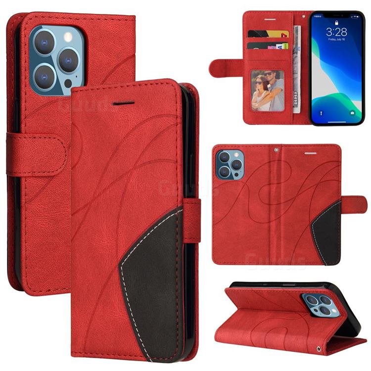 Luxury Two-color Stitching Leather Wallet Case Cover for iPhone 13 Pro (6.1 inch) - Red