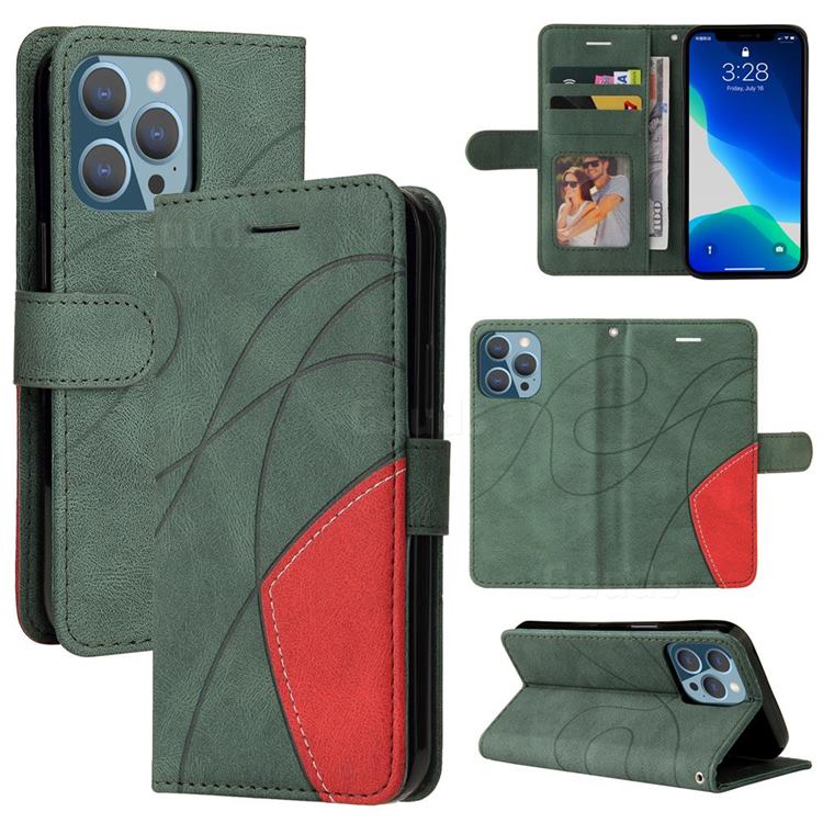 Luxury Two-color Stitching Leather Wallet Case Cover for iPhone 13 Pro (6.1 inch) - Green