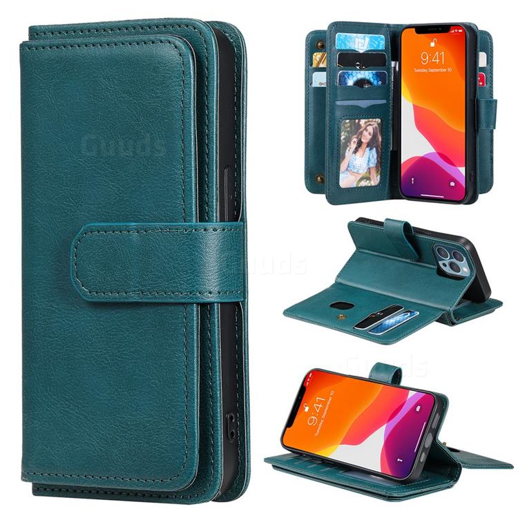 Multi-function Ten Card Slots and Photo Frame PU Leather Wallet Phone Case Cover for iPhone 13 Pro (6.1 inch) - Dark Green