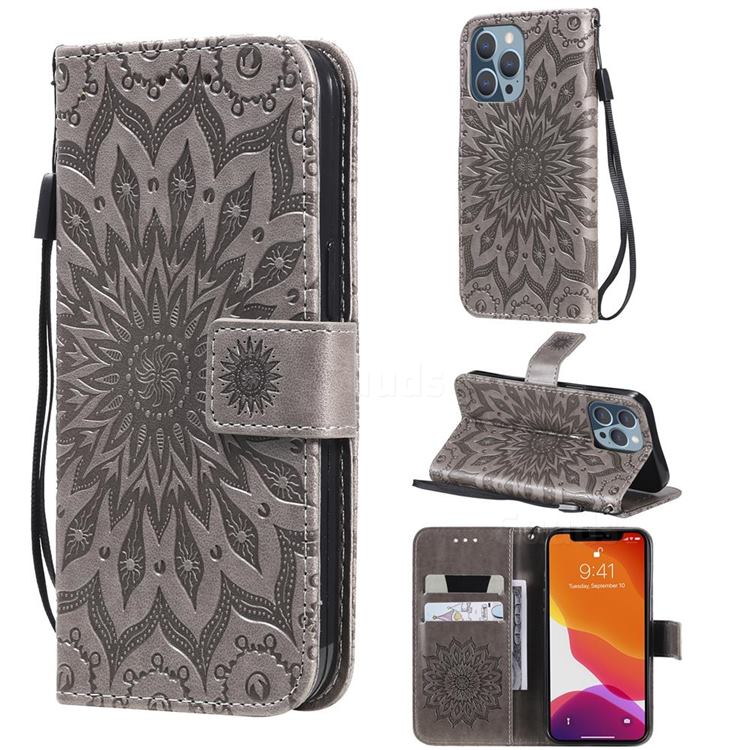 Embossing Sunflower Leather Wallet Case for iPhone 13 Pro (6.1 inch) - Gray