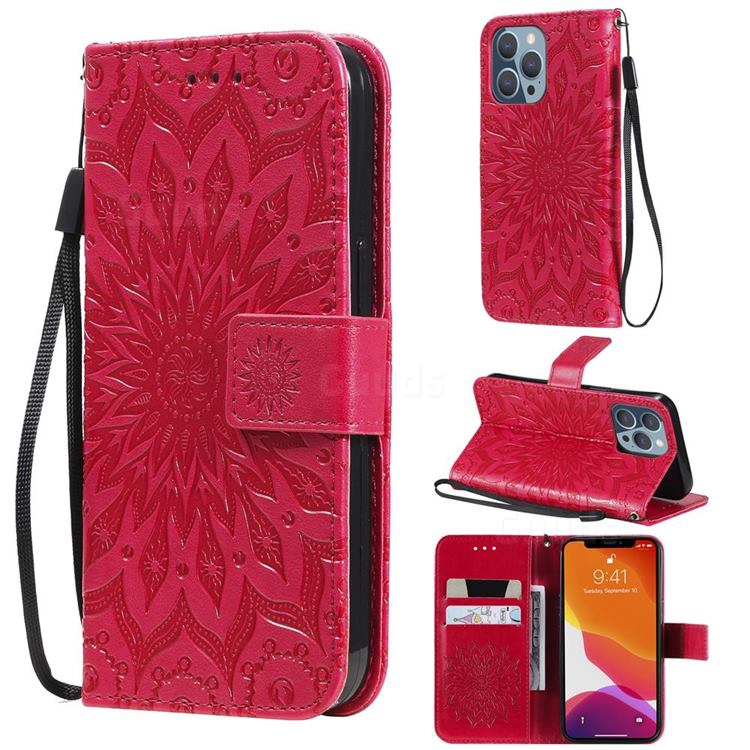 Embossing Sunflower Leather Wallet Case for iPhone 13 Pro (6.1 inch) - Red
