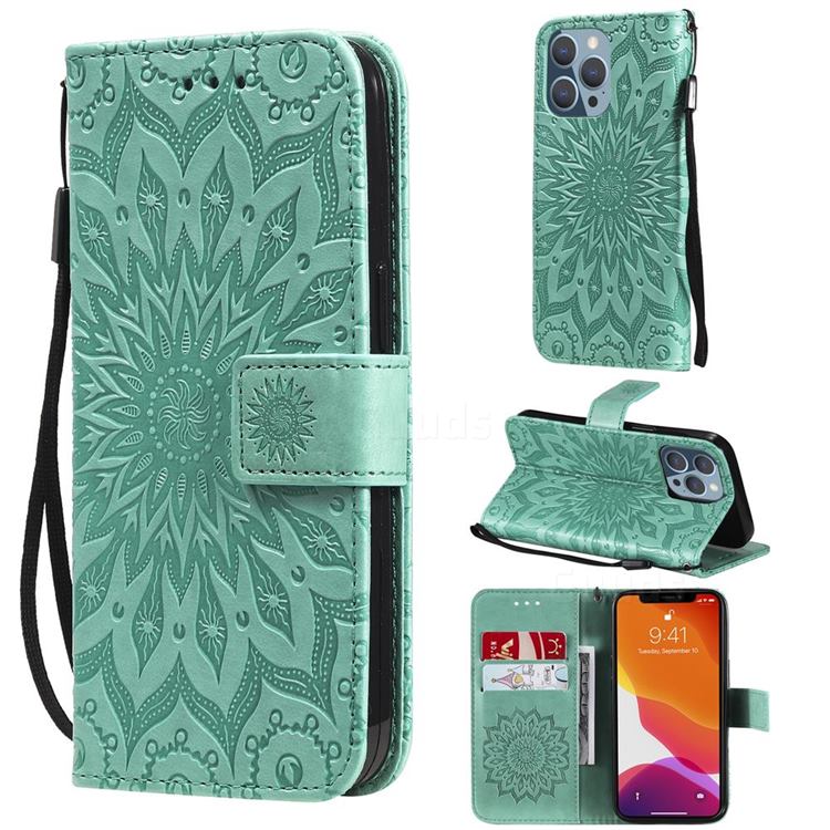 Embossing Sunflower Leather Wallet Case for iPhone 13 Pro (6.1 inch) - Green