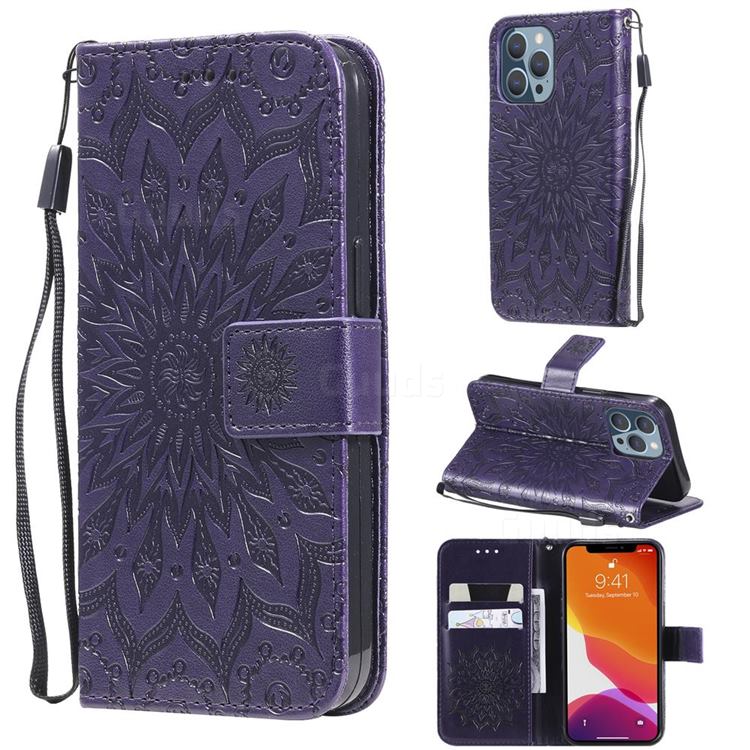 Embossing Sunflower Leather Wallet Case for iPhone 13 Pro (6.1 inch) - Purple