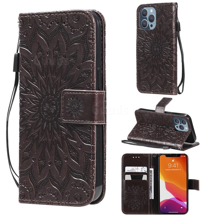 Embossing Sunflower Leather Wallet Case for iPhone 13 Pro (6.1 inch) - Brown