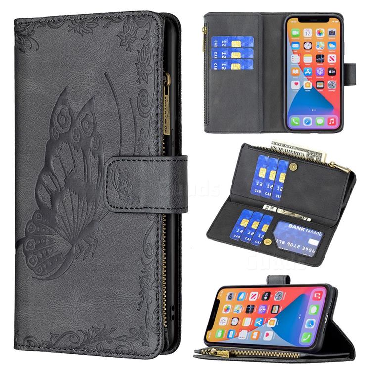 Binfen Color Imprint Vivid Butterfly Buckle Zipper Multi-function Leather Phone Wallet for iPhone 13 Pro (6.1 inch) - Black