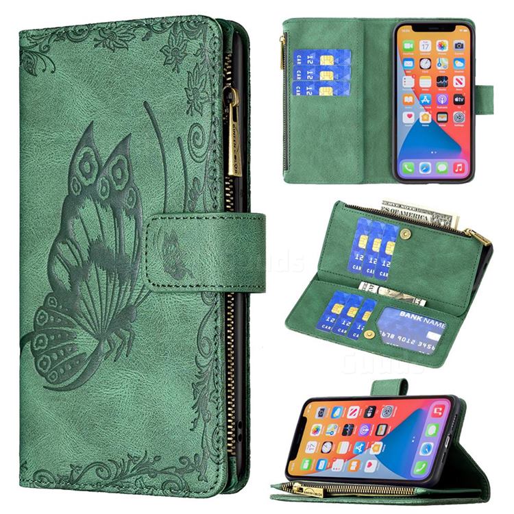 Binfen Color Imprint Vivid Butterfly Buckle Zipper Multi-function Leather Phone Wallet for iPhone 13 Pro (6.1 inch) - Green