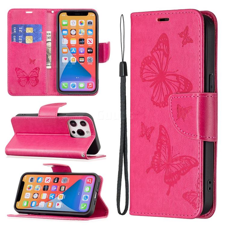 Embossing Double Butterfly Leather Wallet Case for iPhone 13 Pro (6.1 inch) - Red