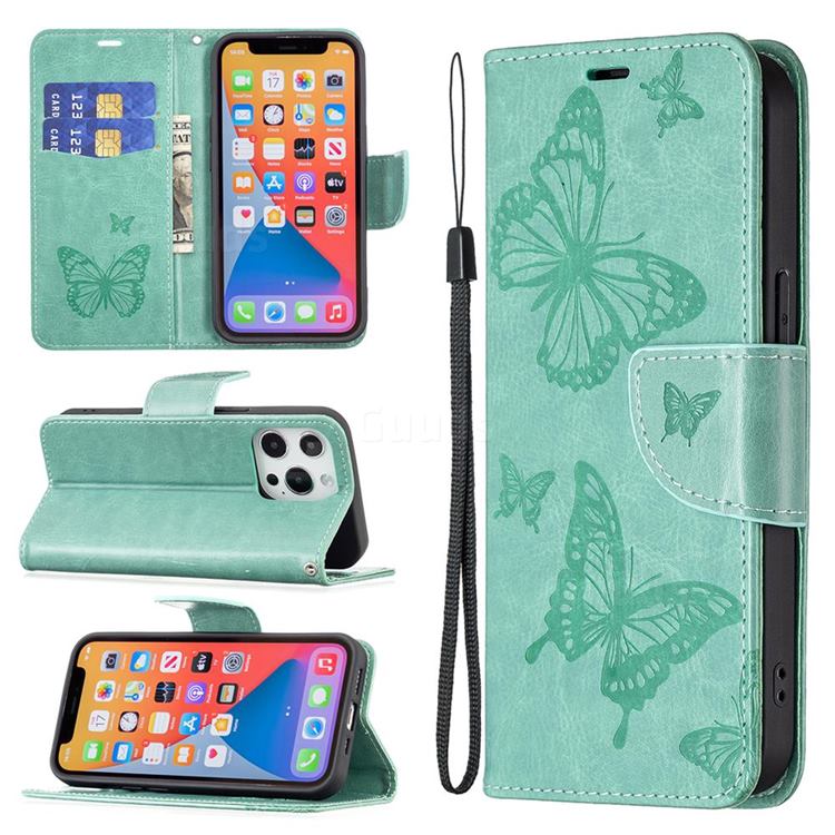 Embossing Double Butterfly Leather Wallet Case for iPhone 13 Pro (6.1 inch) - Green