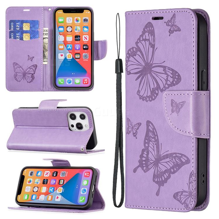 Embossing Double Butterfly Leather Wallet Case for iPhone 13 Pro (6.1 inch) - Purple