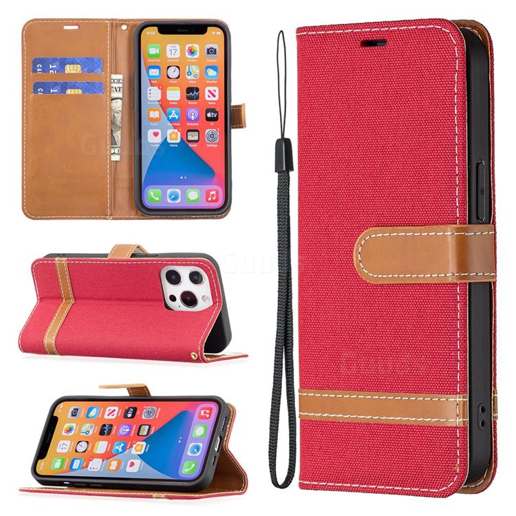 Jeans Cowboy Denim Leather Wallet Case for iPhone 13 Pro (6.1 inch) - Red